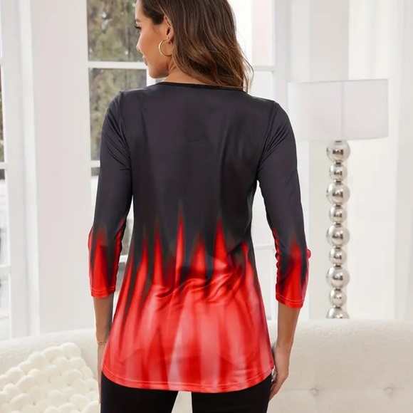 NWOT XXL Stylish Women's Criss Cross Neck Gradient Red Black 3/4 Slv Casual Top - Picture 2 of 9